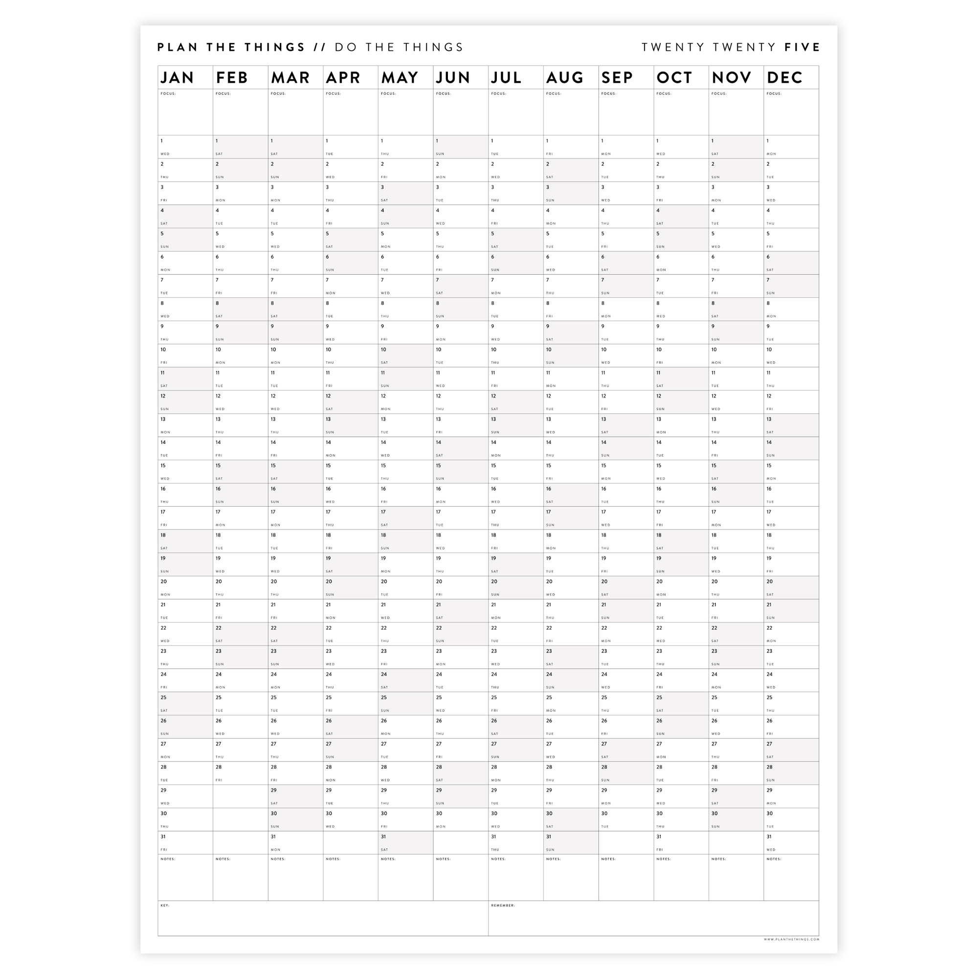 PRINTABLE VERTICAL 2025 WALL CALENDAR WITH GRAY / GREY WEEKENDS - INSTANT DOWNLOAD