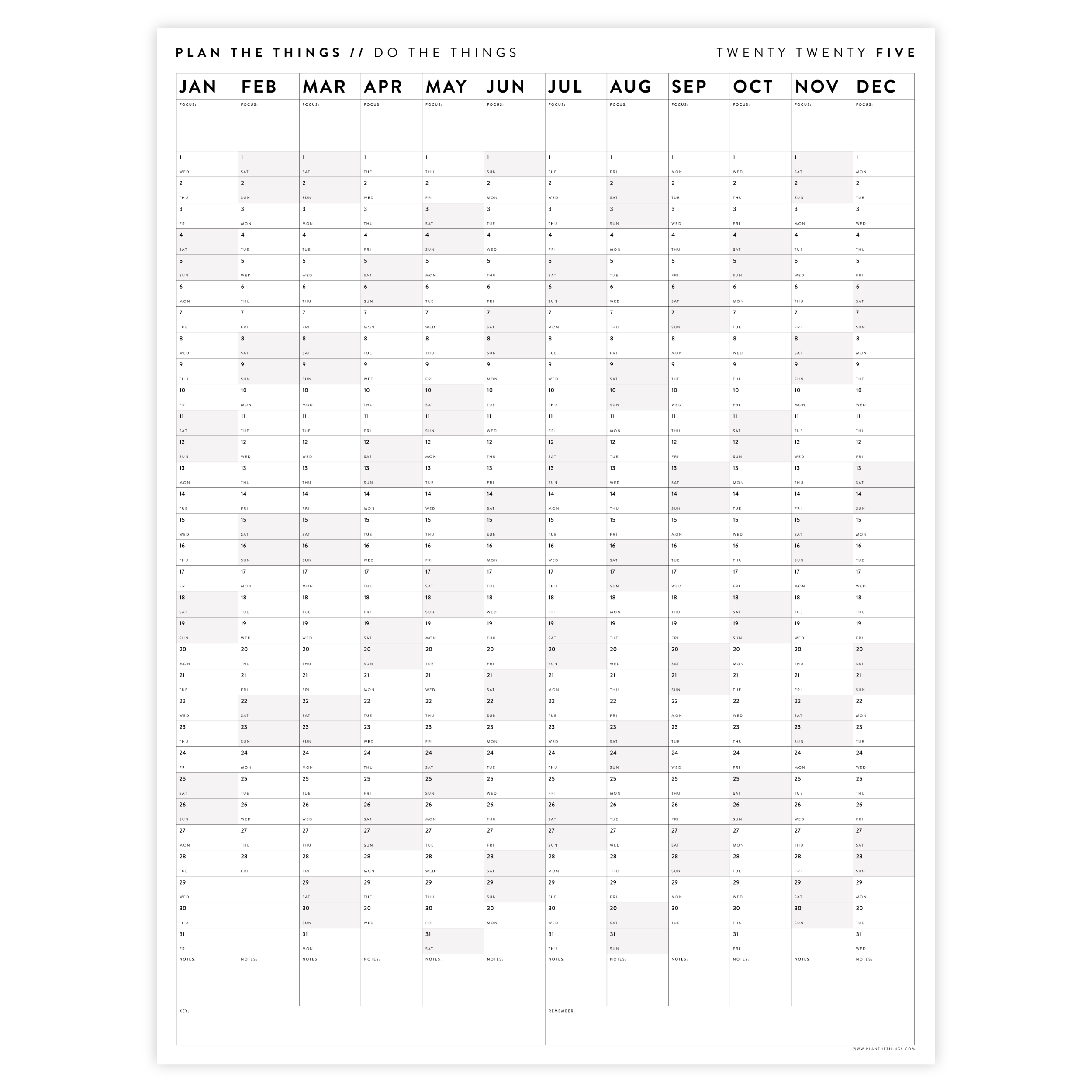 GIANT 2025 ANNUAL WALL CALENDAR VERTICAL WITH GRAY / GREY WEEKENDS
