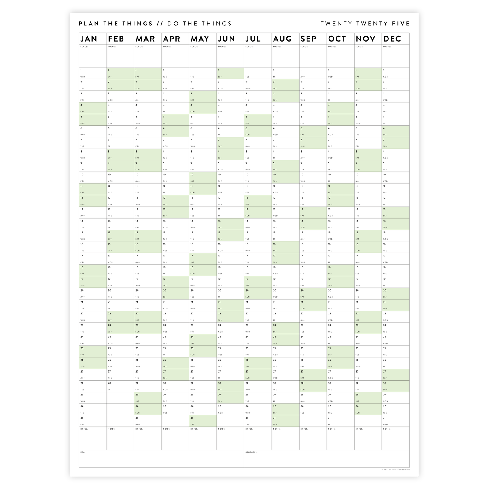 GIANT 2025 ANNUAL WALL CALENDAR | VERTICAL WITH GREEN WEEKENDS