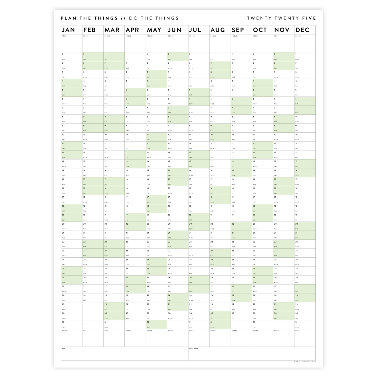 PRINTABLE VERTICAL 2025 WALL CALENDAR WITH GREEN WEEKENDS - INSTANT DOWNLOAD