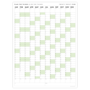 PRINTABLE VERTICAL 2025 WALL CALENDAR WITH GREEN WEEKENDS - INSTANT DOWNLOAD