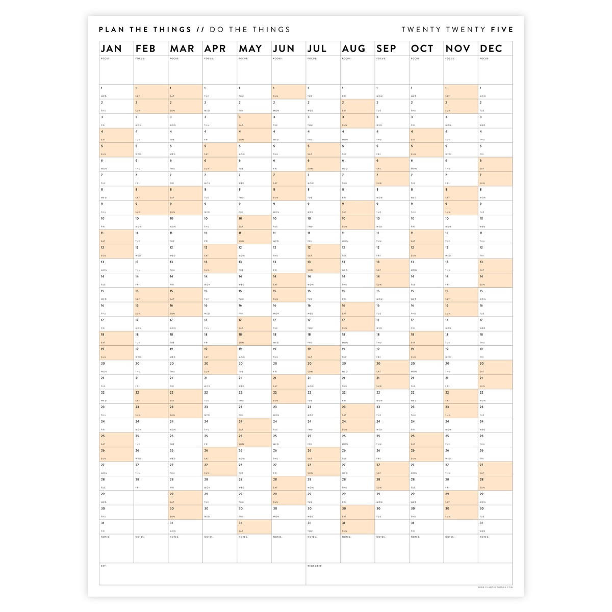 GIANT 2025 ANNUAL WALL CALENDAR | VERTICAL WITH ORANGE WEEKENDS