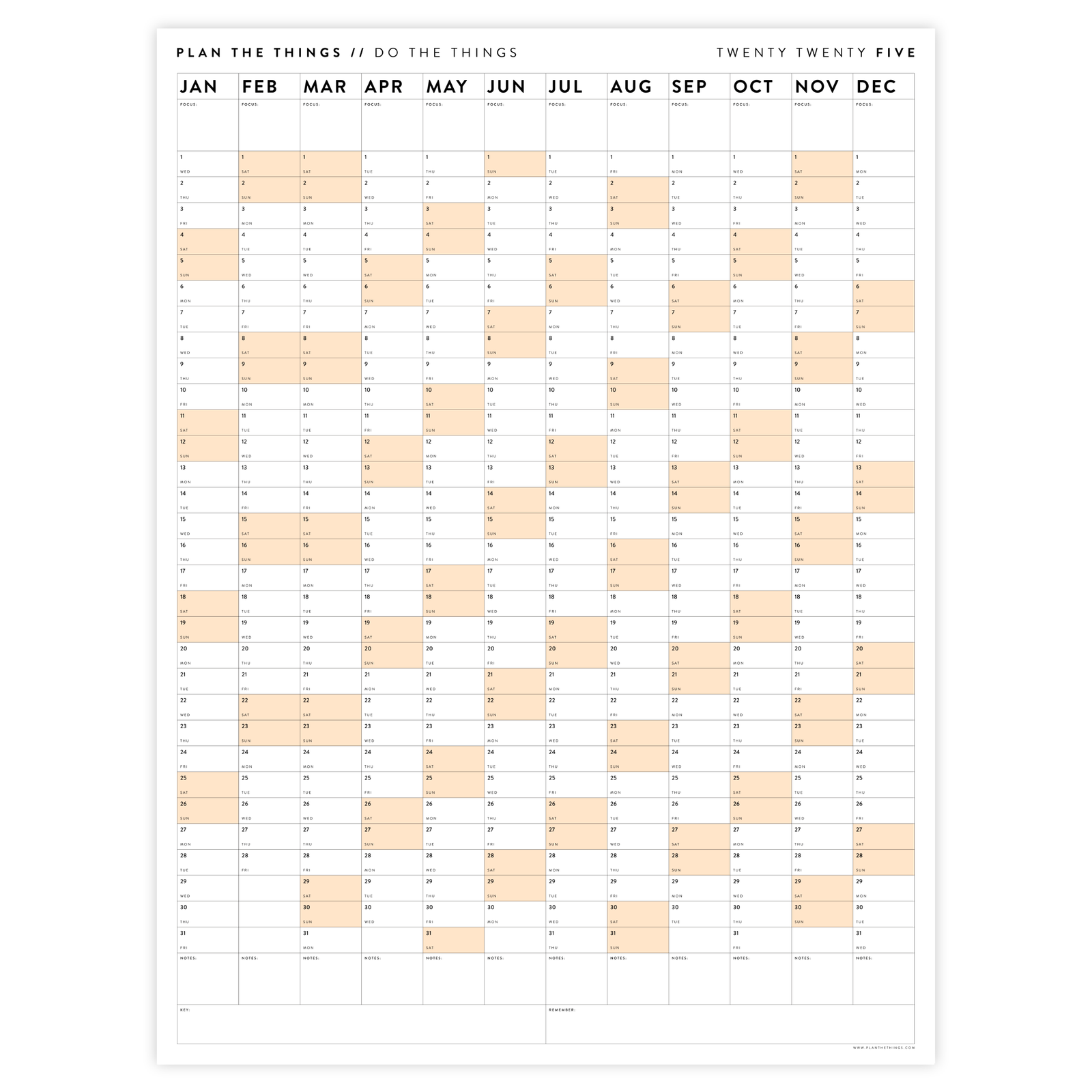 GIANT 2025 ANNUAL WALL CALENDAR | VERTICAL WITH ORANGE WEEKENDS