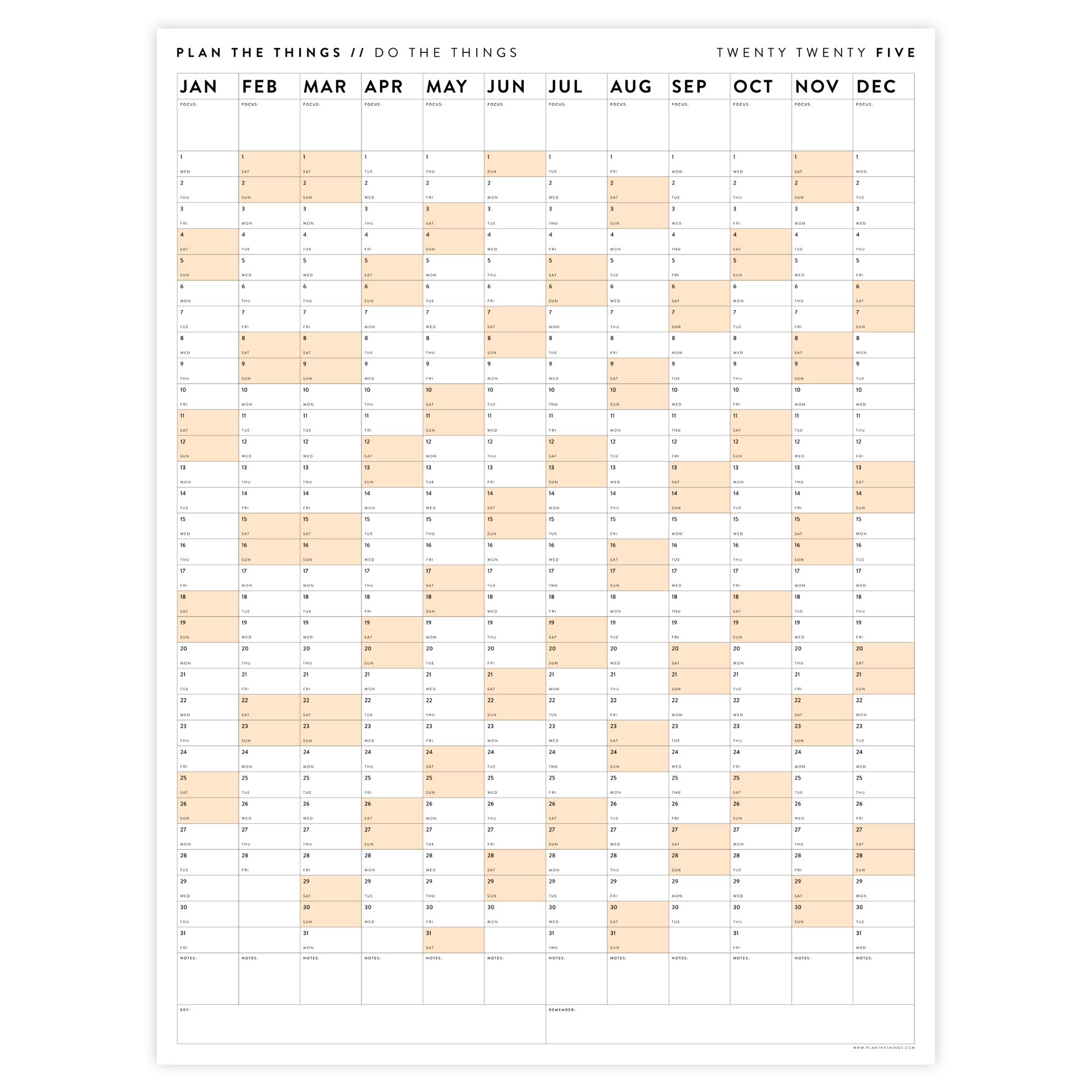 PRINTABLE VERTICAL 2025 WALL CALENDAR WITH ORANGE WEEKENDS - INSTANT DOWNLOAD