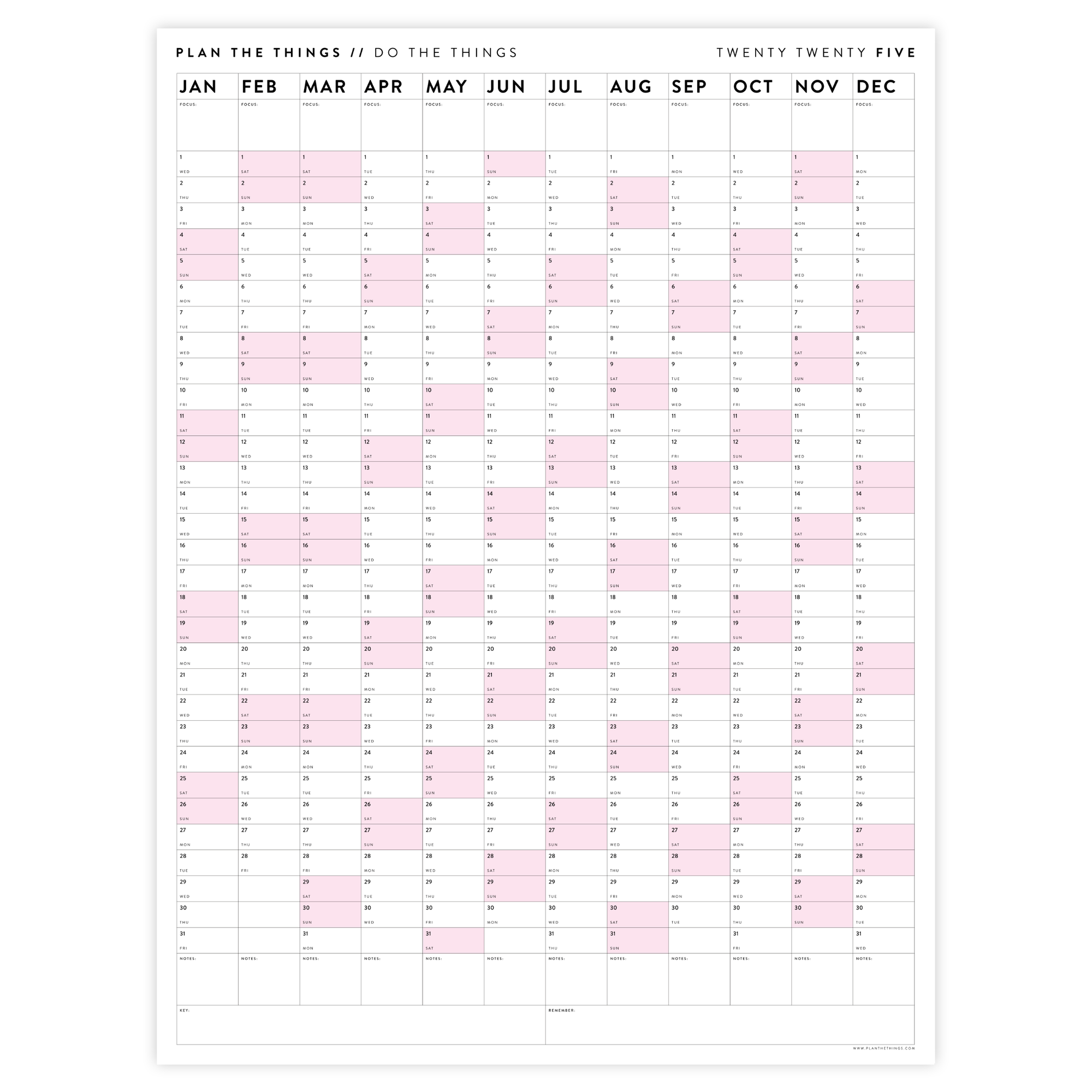 PRINTABLE VERTICAL 2025 WALL CALENDAR WITH PINK WEEKENDS - INSTANT DOWNLOAD