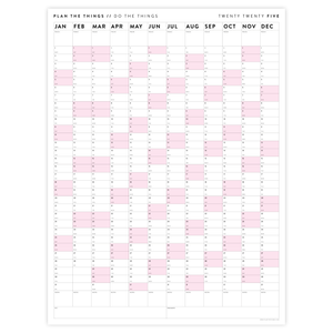 PRINTABLE VERTICAL 2025 WALL CALENDAR WITH PINK WEEKENDS - INSTANT DOWNLOAD