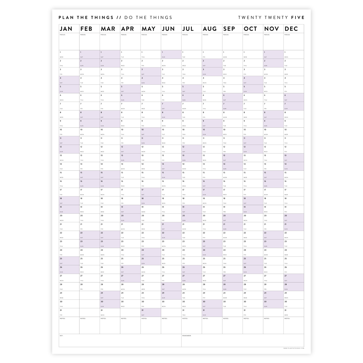 PRINTABLE VERTICAL 2025 WALL CALENDAR WITH PURPLE WEEKENDS - INSTANT DOWNLOAD