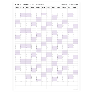 PRINTABLE VERTICAL 2025 WALL CALENDAR WITH PURPLE WEEKENDS - INSTANT DOWNLOAD