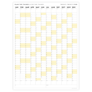PRINTABLE VERTICAL 2025 WALL CALENDAR WITH YELLOW WEEKENDS - INSTANT DOWNLOAD