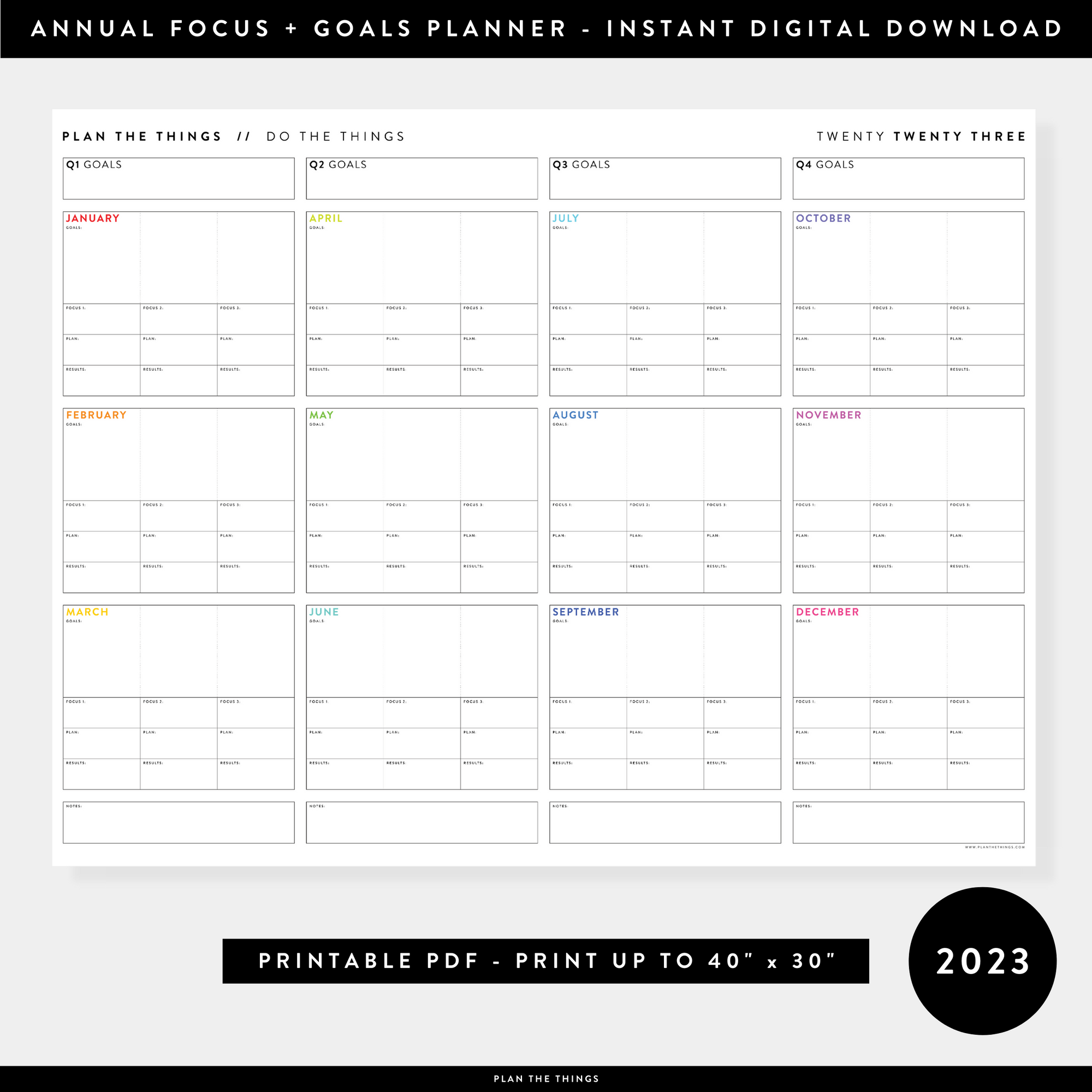 PRINTABLE 2023 FOCUS AND GOALS ANNUAL WALL PLANNER (RAINBOW TEXT) - INSTANT DOWNLOAD