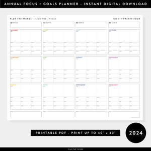 PRINTABLE 2024 FOCUS AND GOALS ANNUAL WALL PLANNER (RAINBOW TEXT) - INSTANT DOWNLOAD