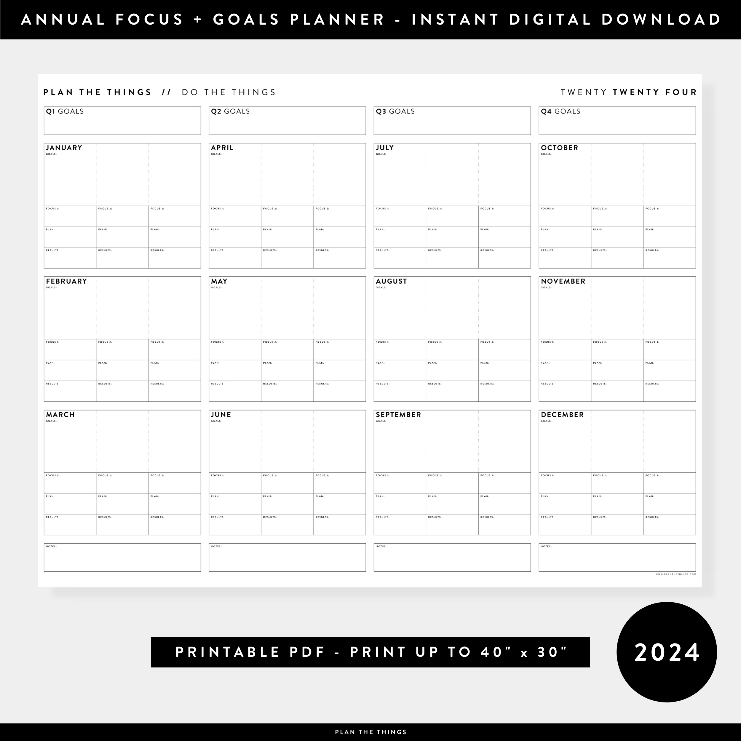 PRINTABLE 2024 FOCUS AND GOALS ANNUAL WALL PLANNER - INSTANT DOWNLOAD -  Plan The Things