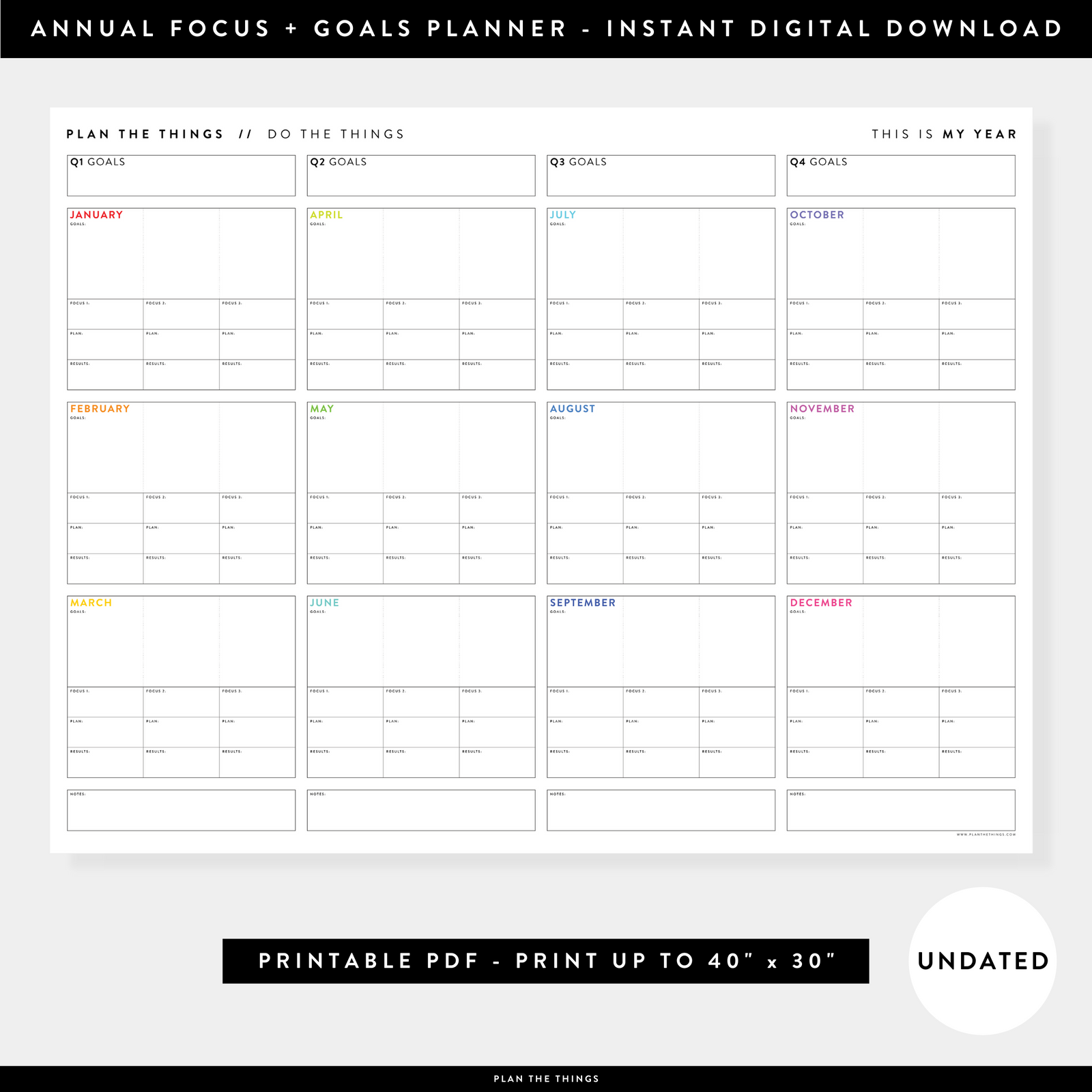 PRINTABLE UNDATED FOCUS AND GOALS ANNUAL WALL PLANNER (RAINBOW TEXT) - INSTANT DOWNLOAD