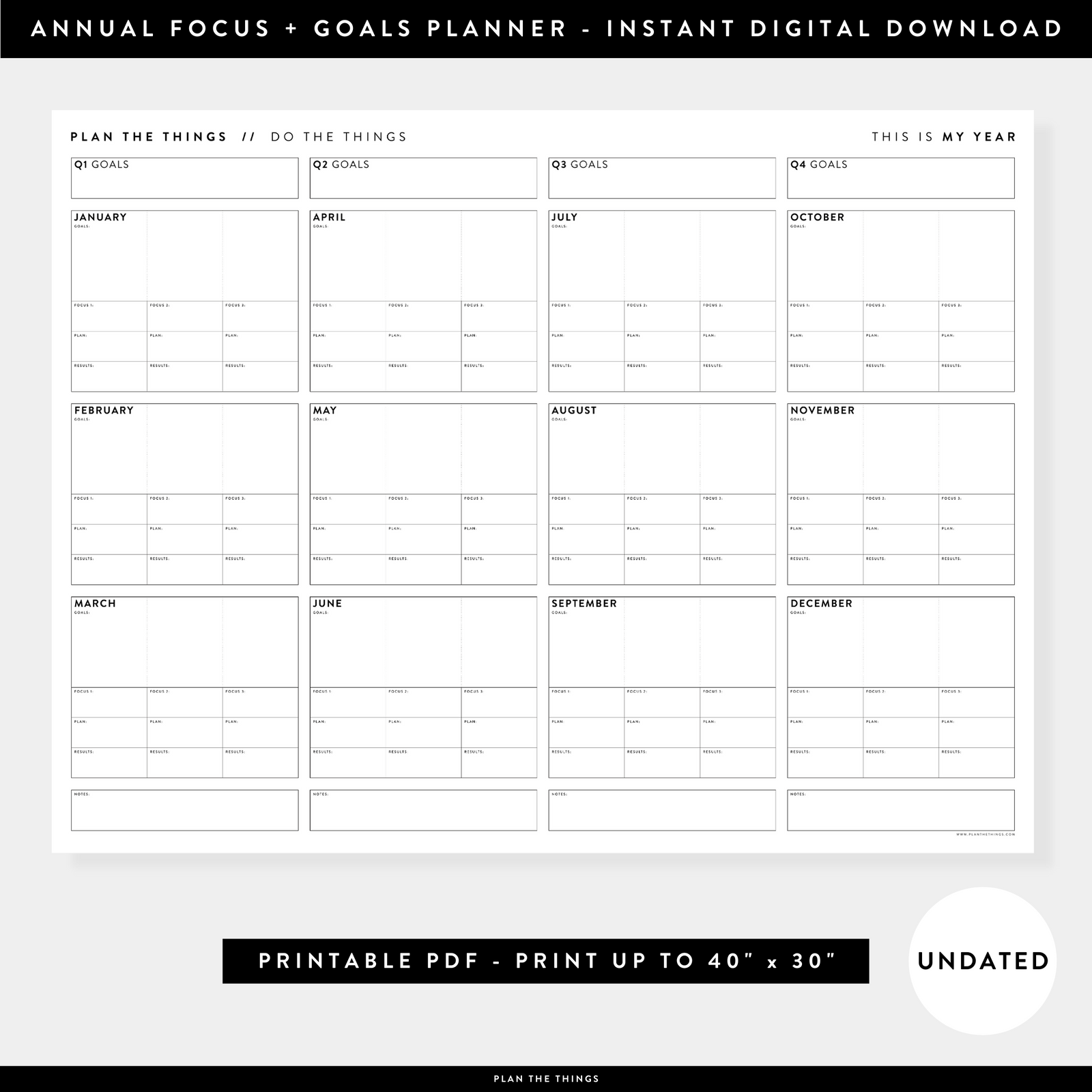 PRINTABLE UNDATED FOCUS AND GOALS ANNUAL WALL PLANNER - INSTANT DOWNLOAD
