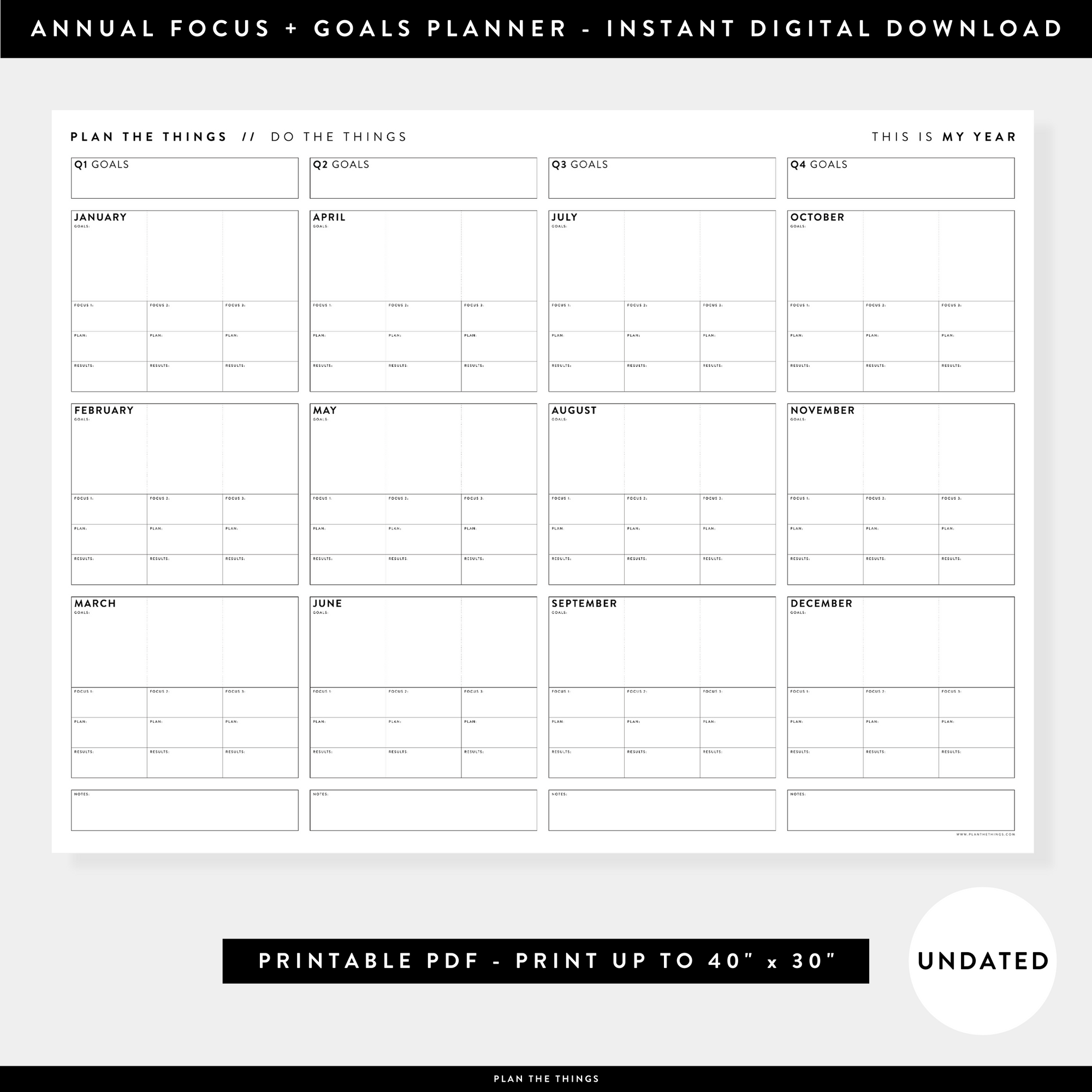 PRINTABLE UNDATED FOCUS AND GOALS ANNUAL WALL PLANNER - INSTANT DOWNLOAD