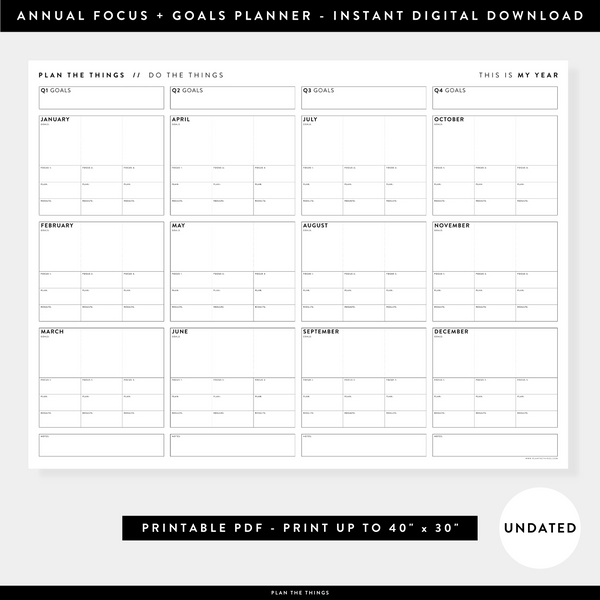 PRINTABLE UNDATED FOCUS AND GOALS ANNUAL WALL PLANNER - INSTANT DOWNLO -  Plan The Things