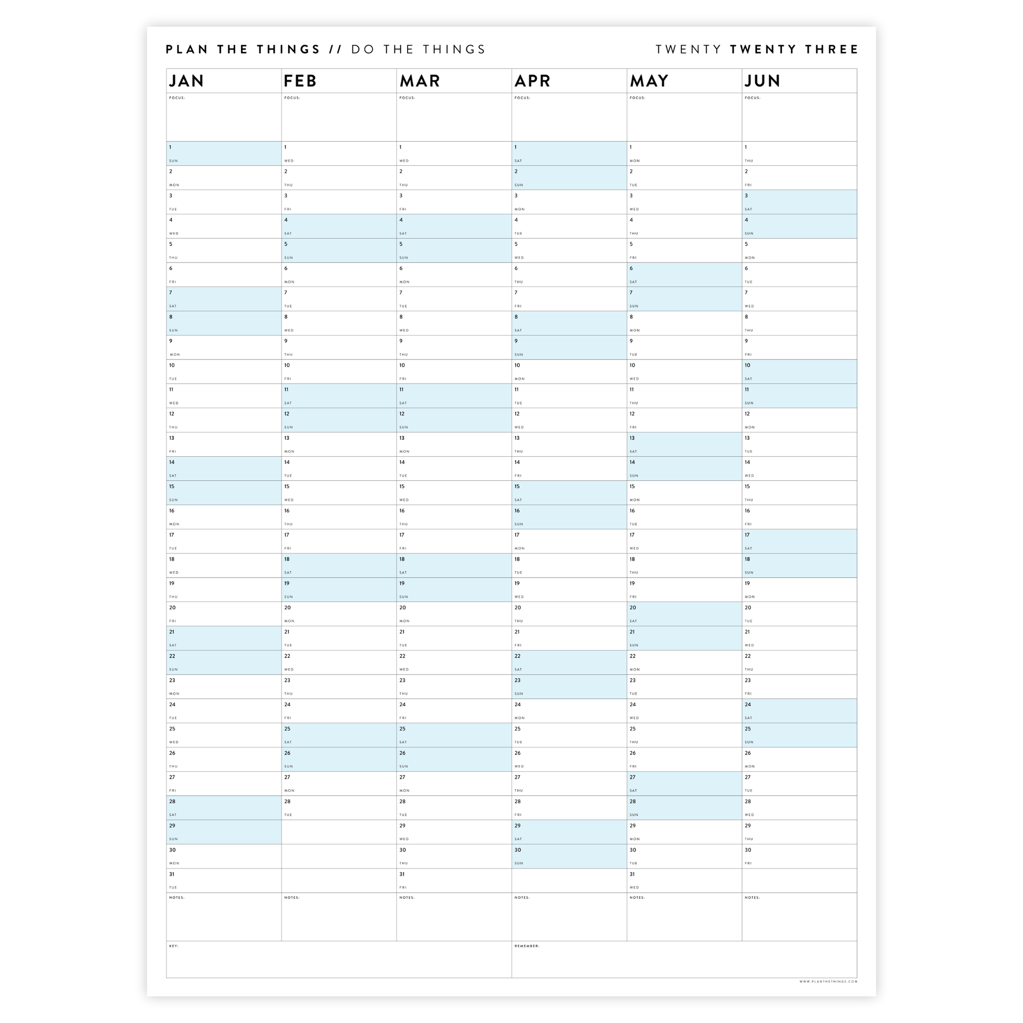PRINTABLE SIX MONTH 2023 WALL CALENDAR (JANUARY TO JUNE) WITH BLUE WEEKENDS - INSTANT DOWNLOAD