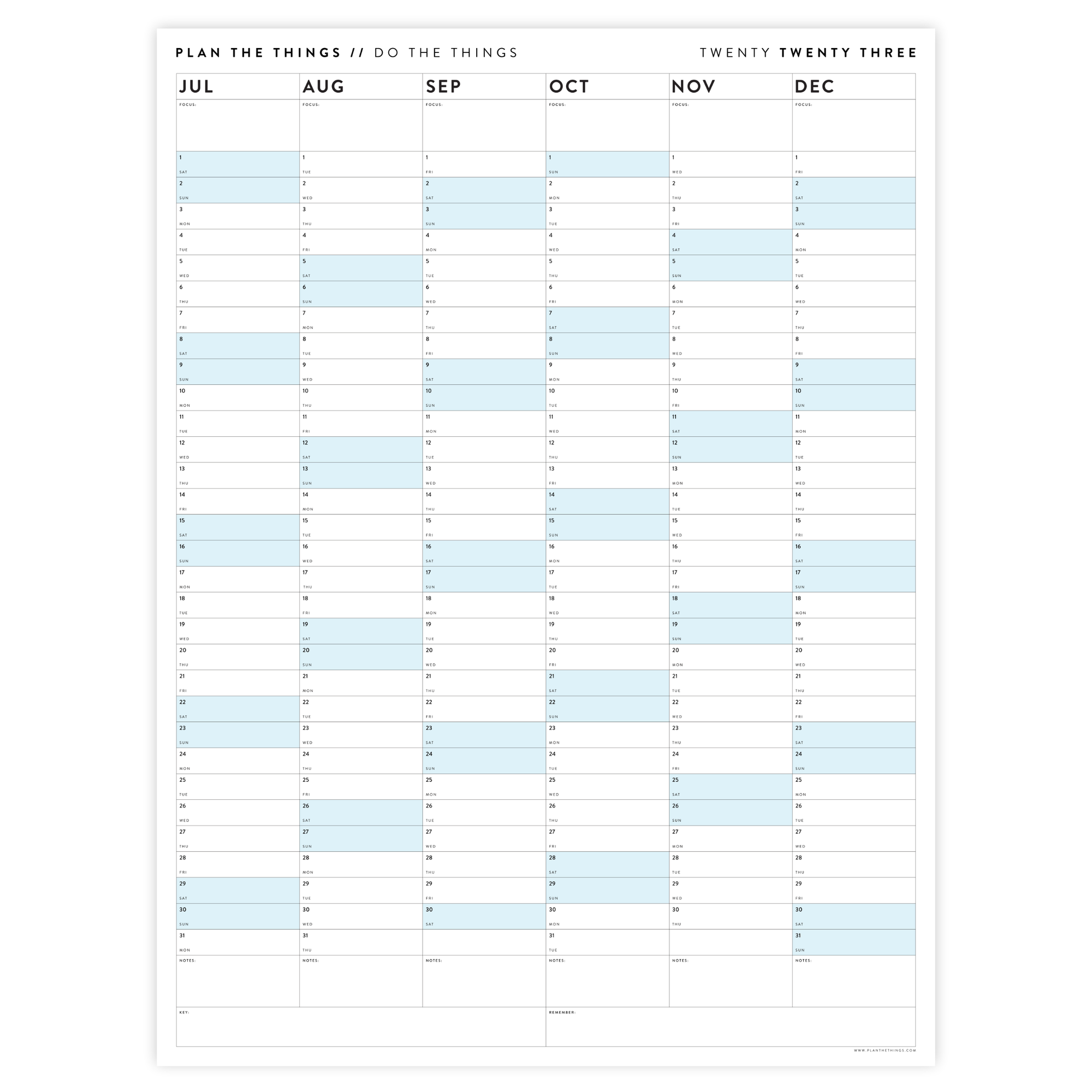 PRINTABLE SIX MONTH 2023 WALL CALENDAR (JULY TO DECEMBER) WITH BLUE WEEKENDS - INSTANT DOWNLOAD