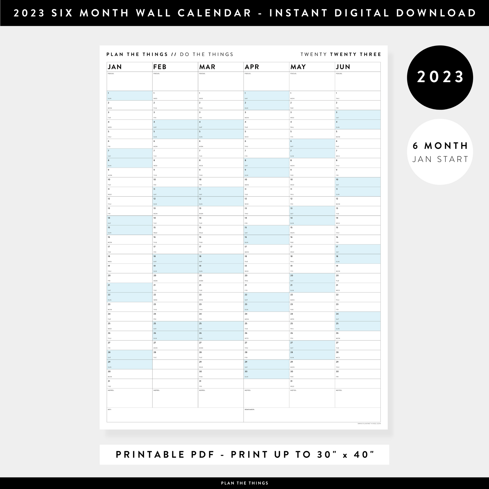 PRINTABLE SIX MONTH 2023 WALL CALENDAR (JANUARY TO JUNE) WITH BLUE WEEKENDS - INSTANT DOWNLOAD