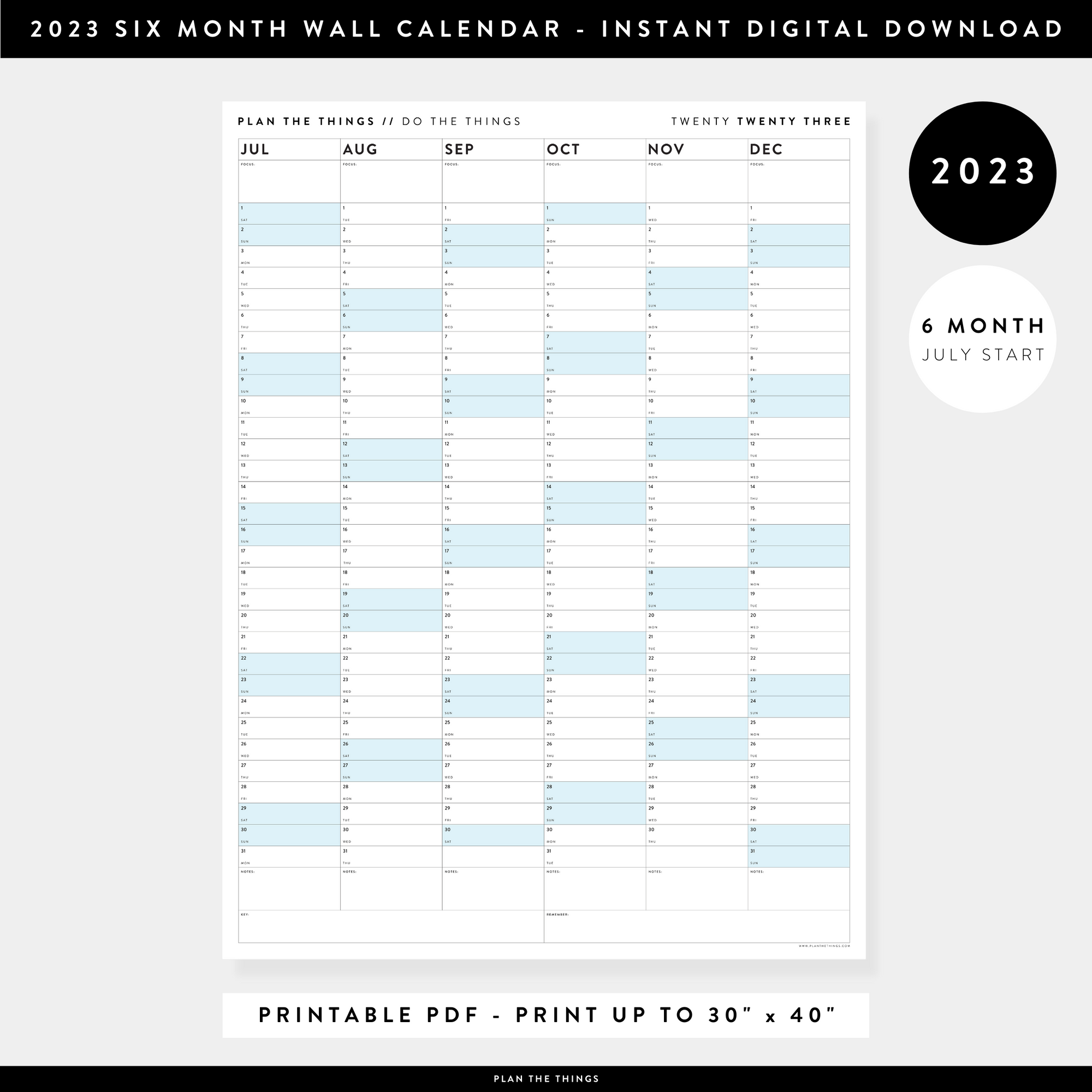PRINTABLE SIX MONTH 2023 WALL CALENDAR (JULY TO DECEMBER) WITH BLUE WEEKENDS - INSTANT DOWNLOAD