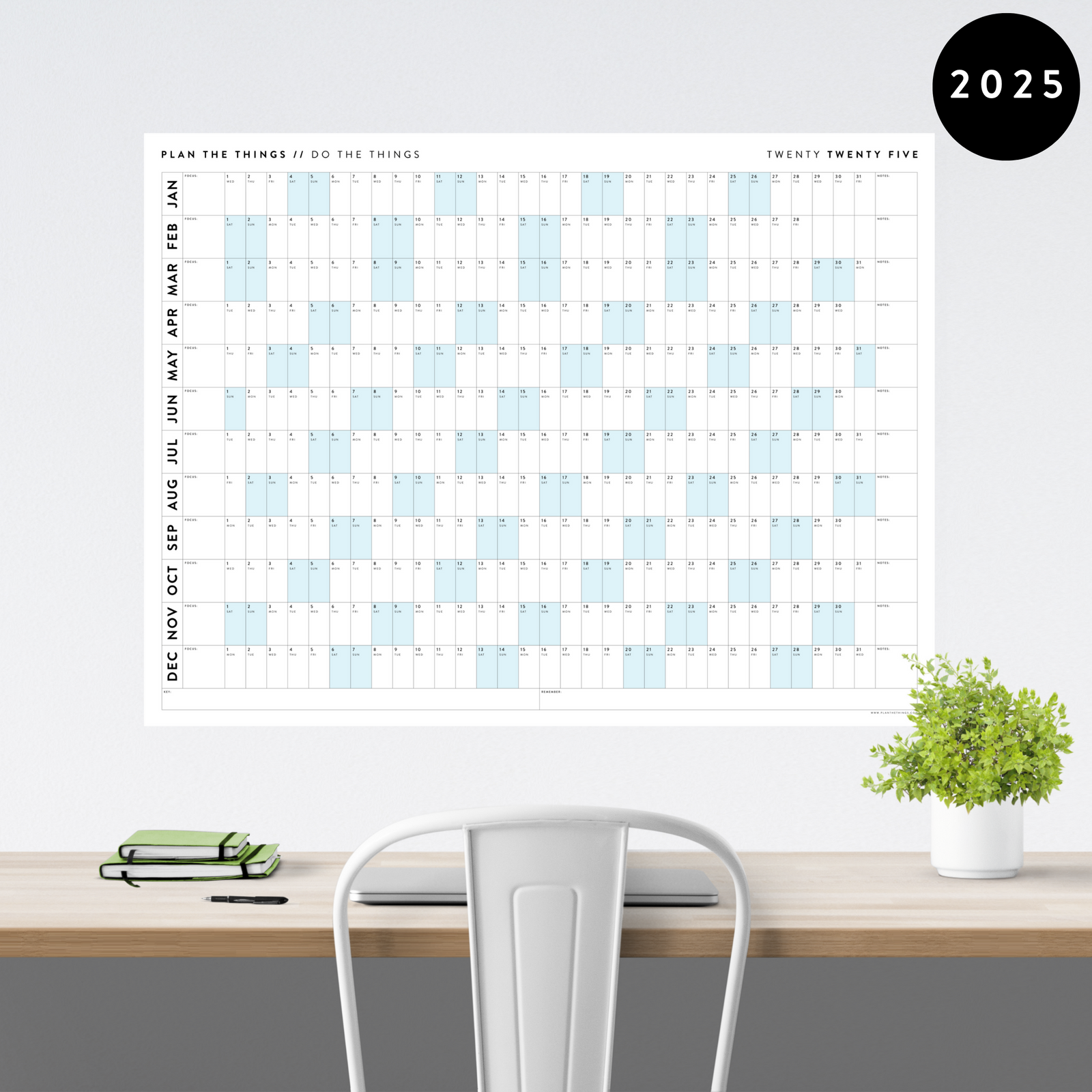 GIANT 2025 ANNUAL WALL CALENDAR | HORIZONTAL WITH BLUE WEEKENDS