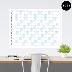 PRINTABLE 2025 HORIZONTAL WALL CALENDAR WITH BLUE WEEKENDS - INSTANT DOWNLOAD