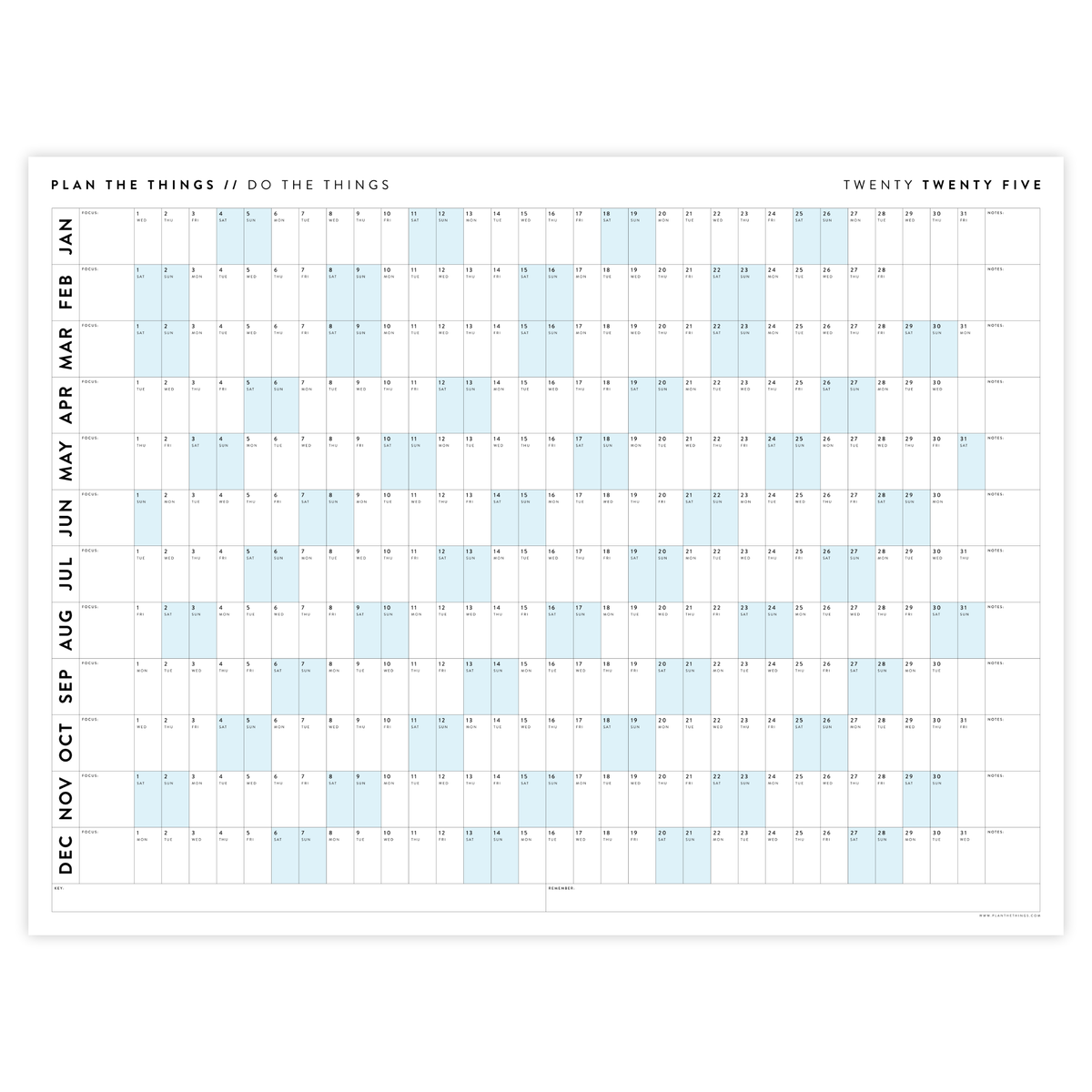 PRINTABLE 2025 HORIZONTAL WALL CALENDAR WITH BLUE WEEKENDS - INSTANT DOWNLOAD