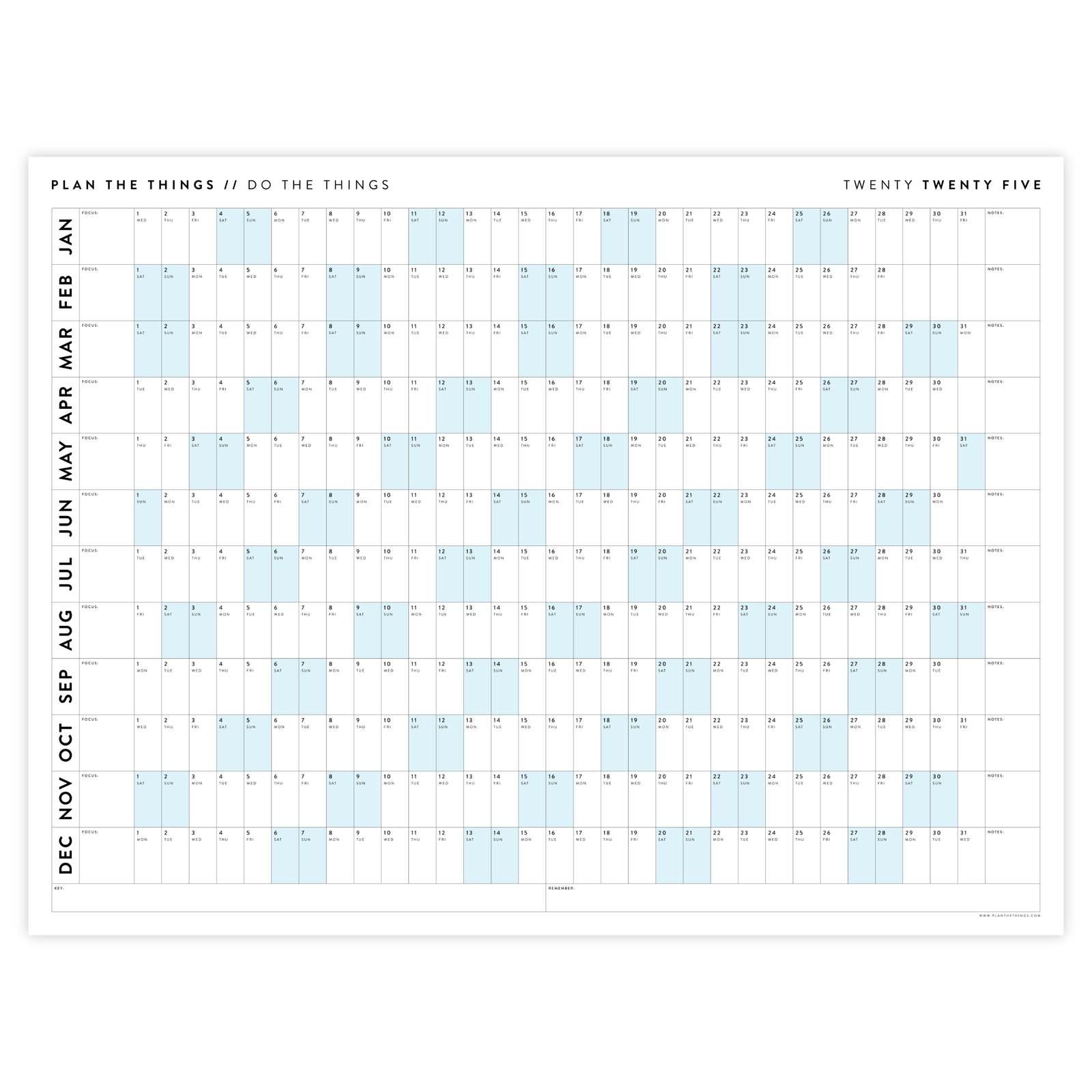 PRINTABLE 2025 HORIZONTAL WALL CALENDAR WITH BLUE WEEKENDS - INSTANT DOWNLOAD