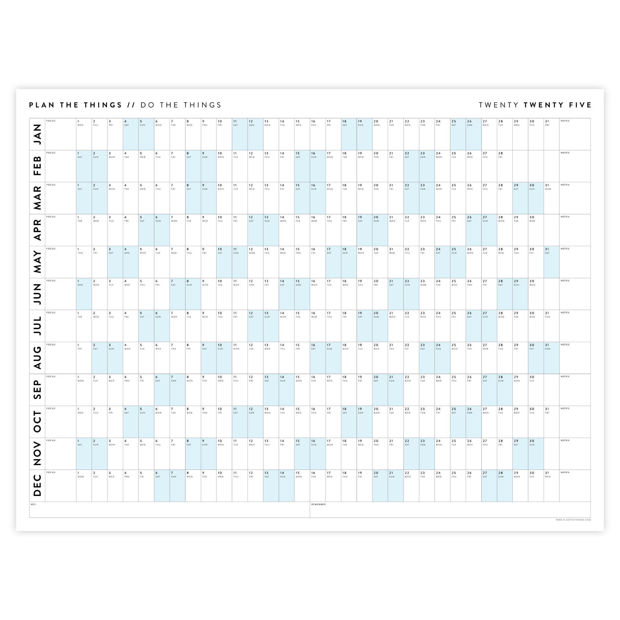 GIANT 2025 ANNUAL WALL CALENDAR | HORIZONTAL WITH BLUE WEEKENDS