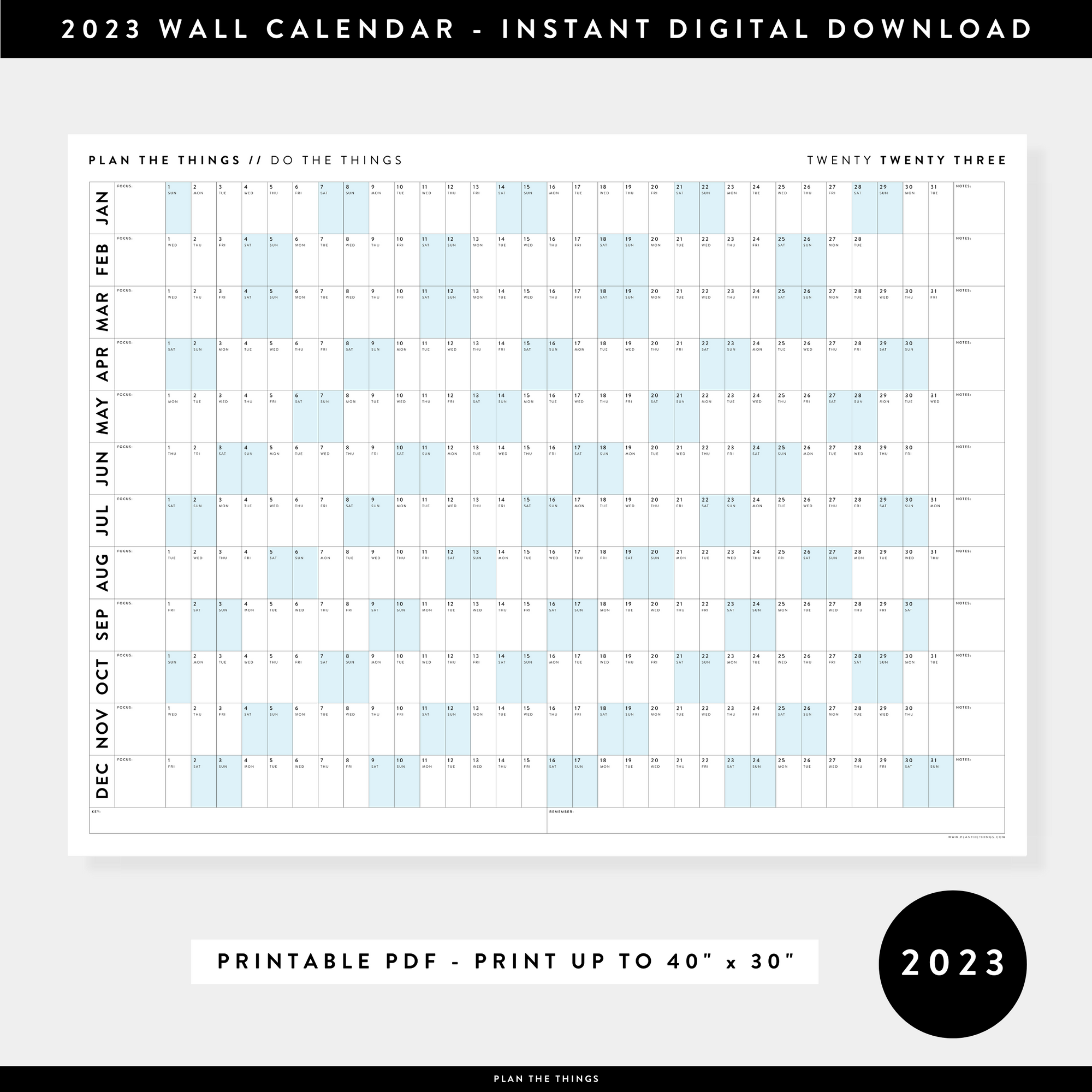 PRINTABLE HORIZONTAL 2023 WALL CALENDAR WITH BLUE WEEKENDS - INSTANT DOWNLOAD