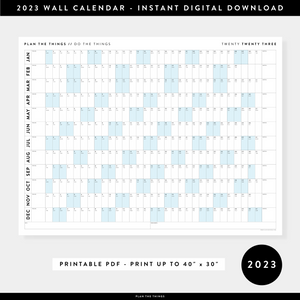 PRINTABLE HORIZONTAL 2023 WALL CALENDAR WITH BLUE WEEKENDS - INSTANT DOWNLOAD