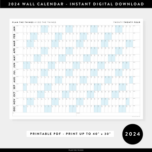 PRINTABLE HORIZONTAL 2024 WALL CALENDAR WITH BLUE WEEKENDS - INSTANT DOWNLOAD