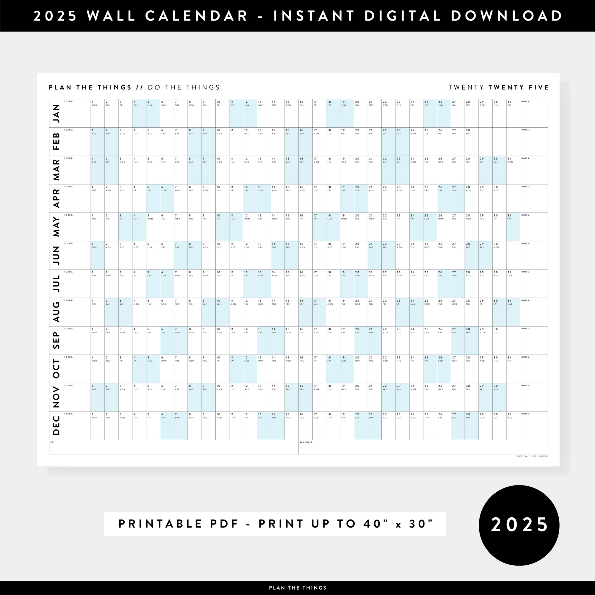 PRINTABLE 2025 HORIZONTAL WALL CALENDAR WITH BLUE WEEKENDS - INSTANT DOWNLOAD