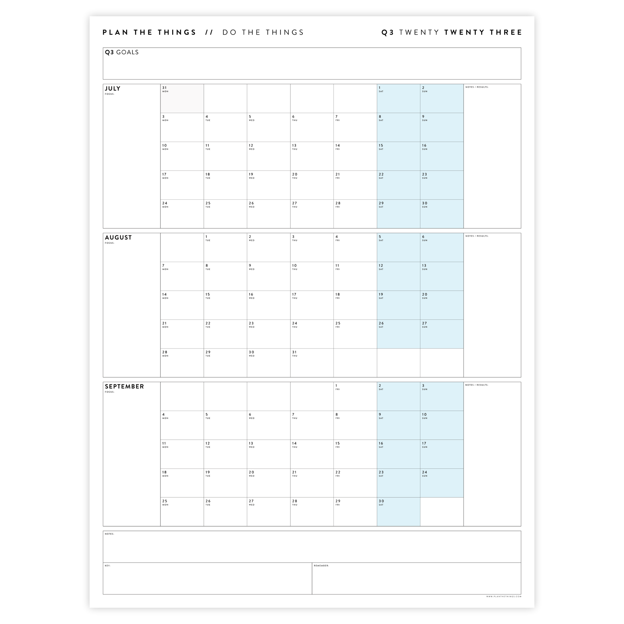 PRINTABLE Q3 (JULY - SEPTEMBER) 2023 QUARTERLY WALL CALENDAR (BLUE) - INSTANT PDF DOWNLOAD