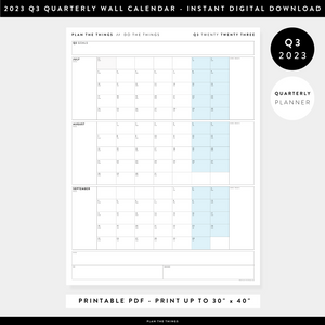 PRINTABLE Q3 (JULY - SEPTEMBER) 2023 QUARTERLY WALL CALENDAR (BLUE) - INSTANT PDF DOWNLOAD