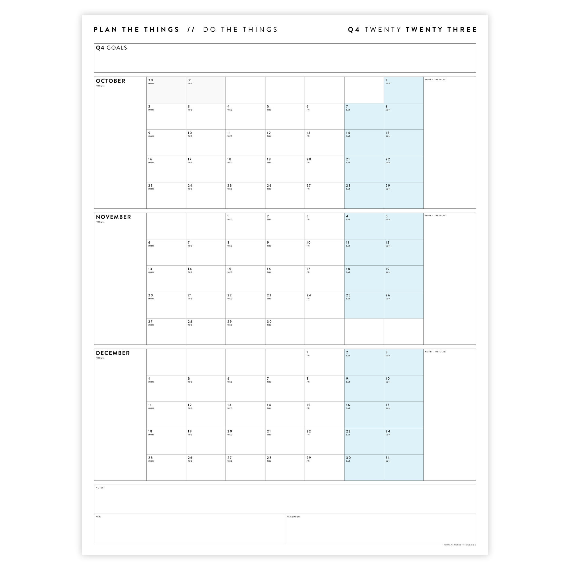Q4 2023 QUARTERLY GIANT WALL CALENDAR (OCTOBER - DECEMBER 2023) - BLUE WEEKENDS