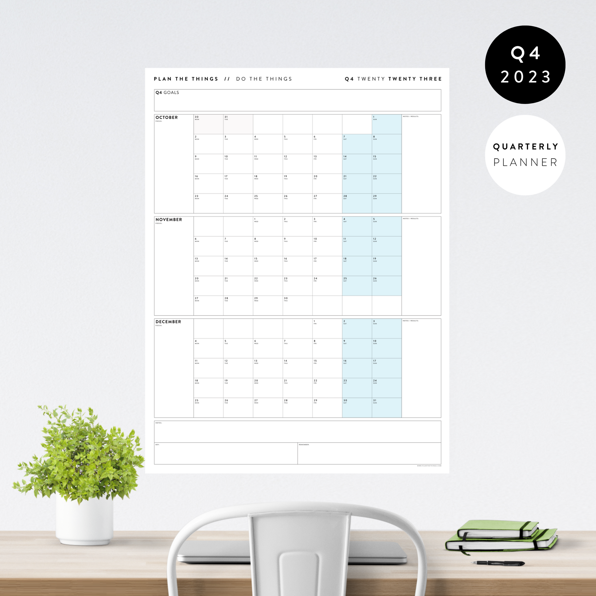 Q4 2023 QUARTERLY GIANT WALL CALENDAR (OCTOBER - DECEMBER 2023) - BLUE WEEKENDS