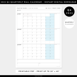 PRINTABLE Q4 (OCTOBER - DECEMBER) 2023 QUARTERLY WALL CALENDAR (BLUE) - INSTANT PDF DOWNLOAD
