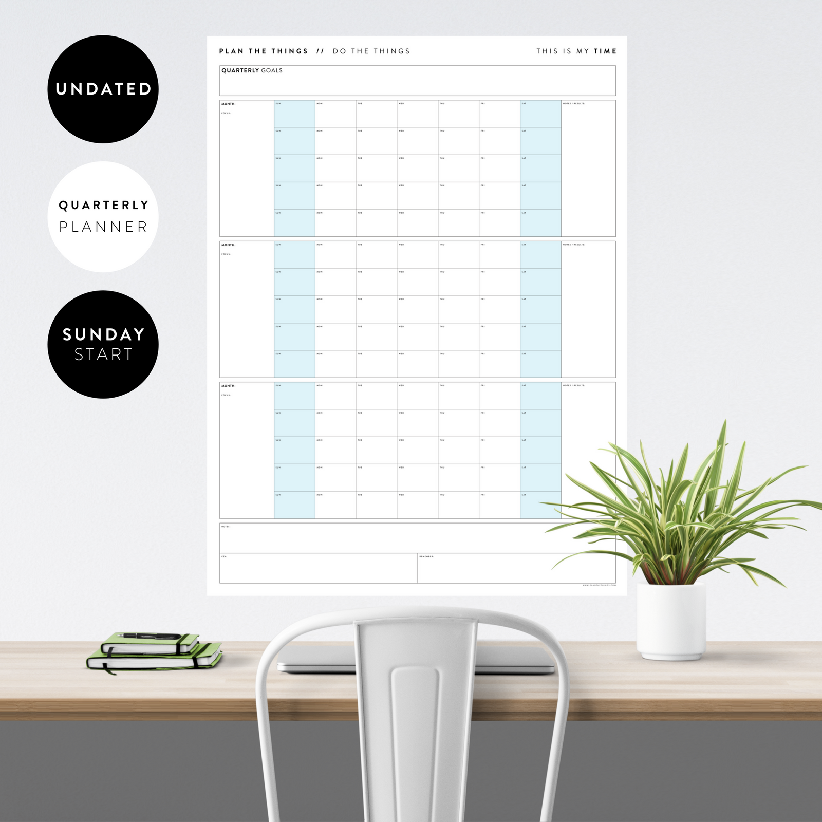 UNDATED QUARTERLY GIANT WALL CALENDAR - SUNDAY START - BLUE WEEKENDS