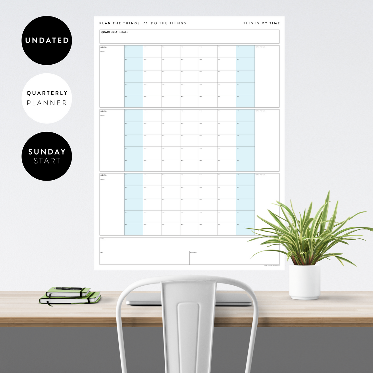 PRINTABLE UNDATED QUARTERLY WALL CALENDAR - SUNDAY START - BLUE WEEKENDS - INSTANT DOWNLOAD