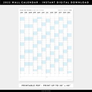 PRINTABLE VERTICAL 2022 WALL CALENDAR WITH BLUE WEEKENDS - INSTANT DOWNLOAD