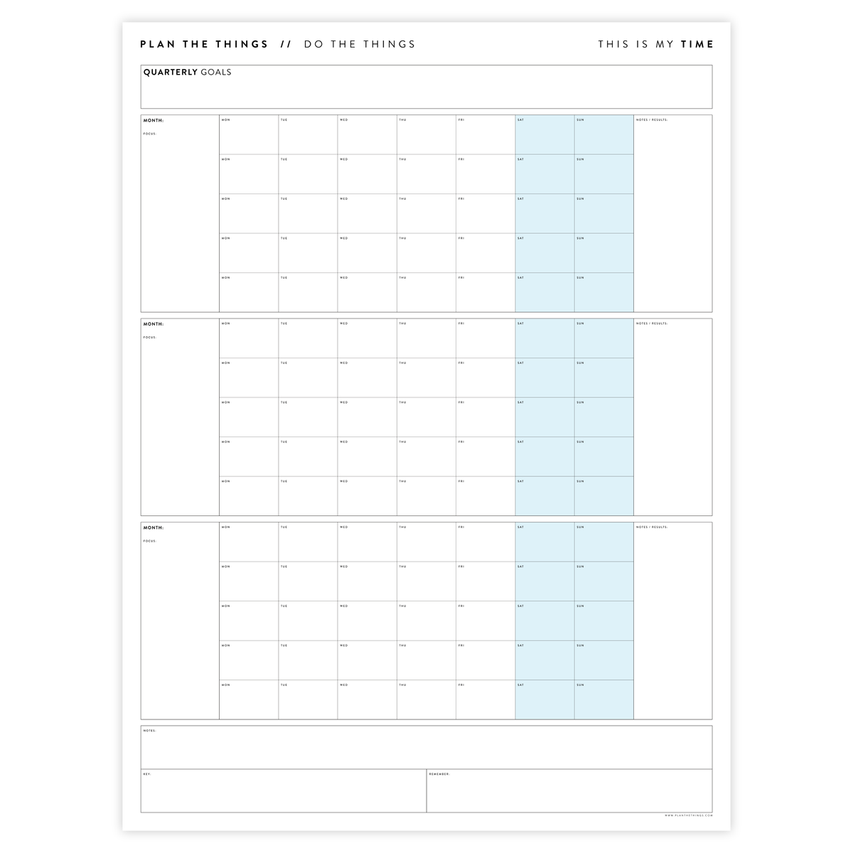 PRINTABLE UNDATED QUARTERLY WALL CALENDAR - MONDAY START - BLUE WEEKENDS - INSTANT DOWNLOAD