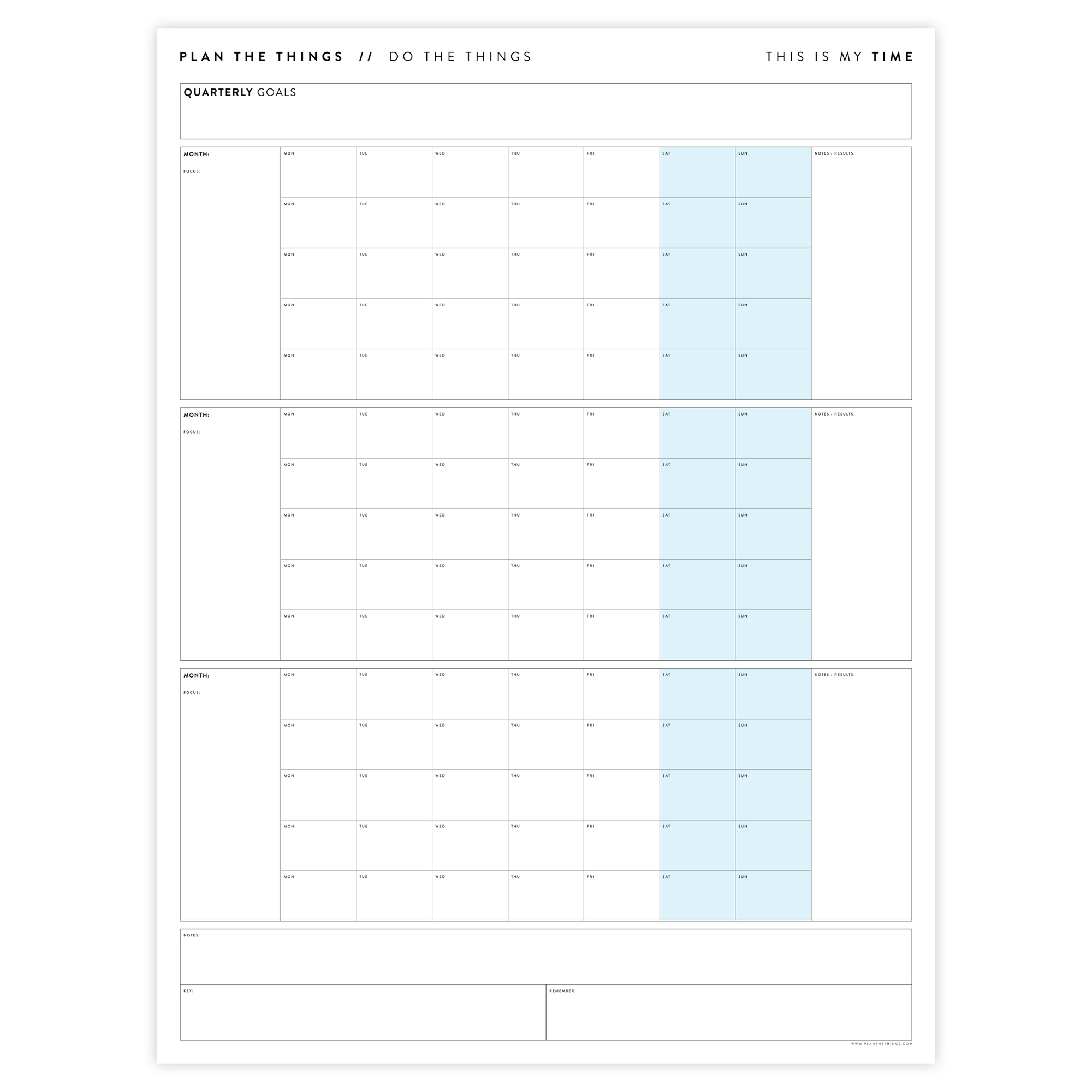 PRINTABLE UNDATED QUARTERLY WALL CALENDAR - MONDAY START - BLUE WEEKENDS - INSTANT DOWNLOAD