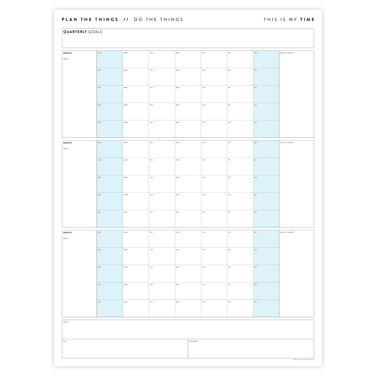 PRINTABLE UNDATED QUARTERLY WALL CALENDAR - SUNDAY START - BLUE WEEKENDS - INSTANT DOWNLOAD