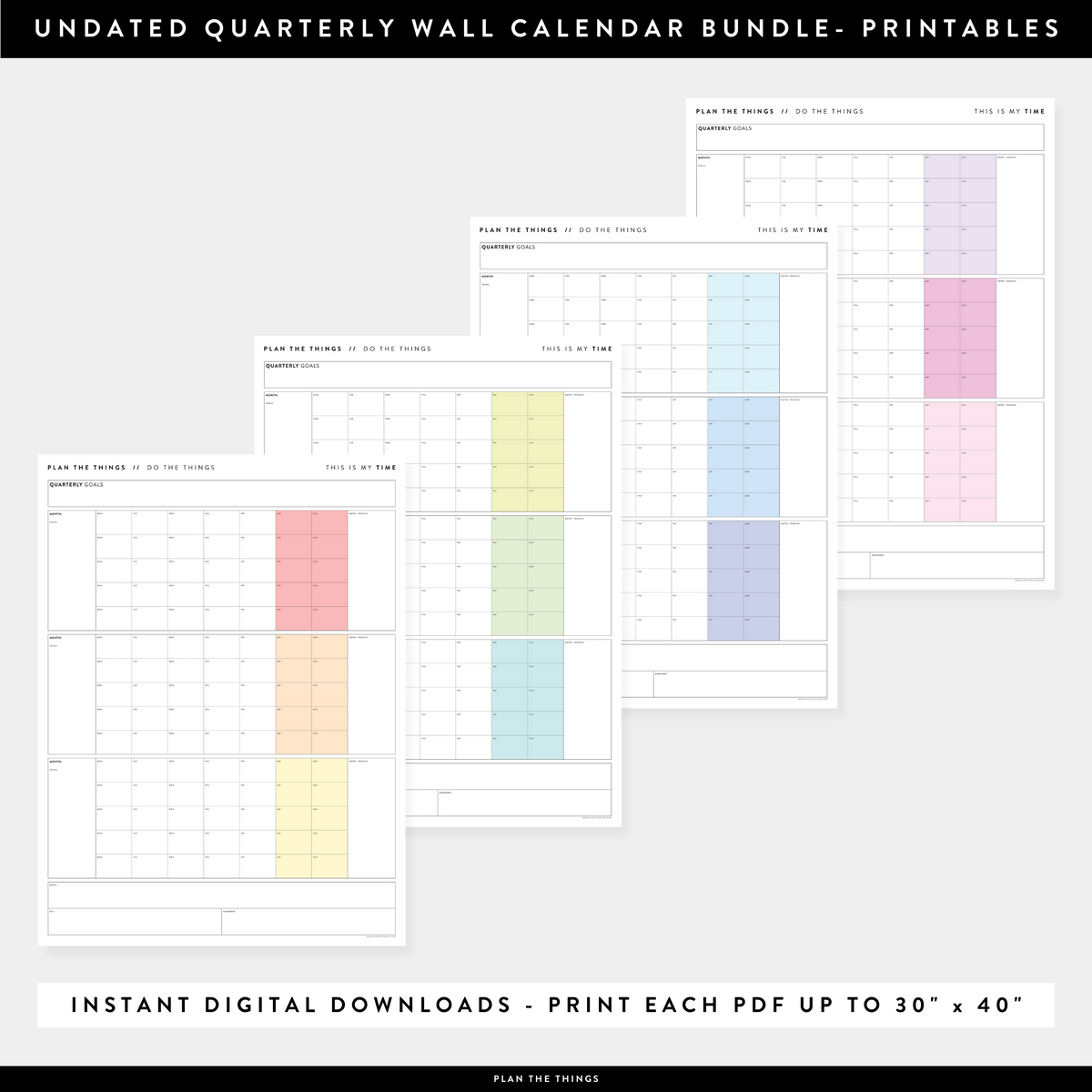 PRINTABLE UNDATED QUARTERLY WALL CALENDAR BUNDLE - MONDAY START - RAINBOW WEEKENDS - INSTANT DOWNLOAD