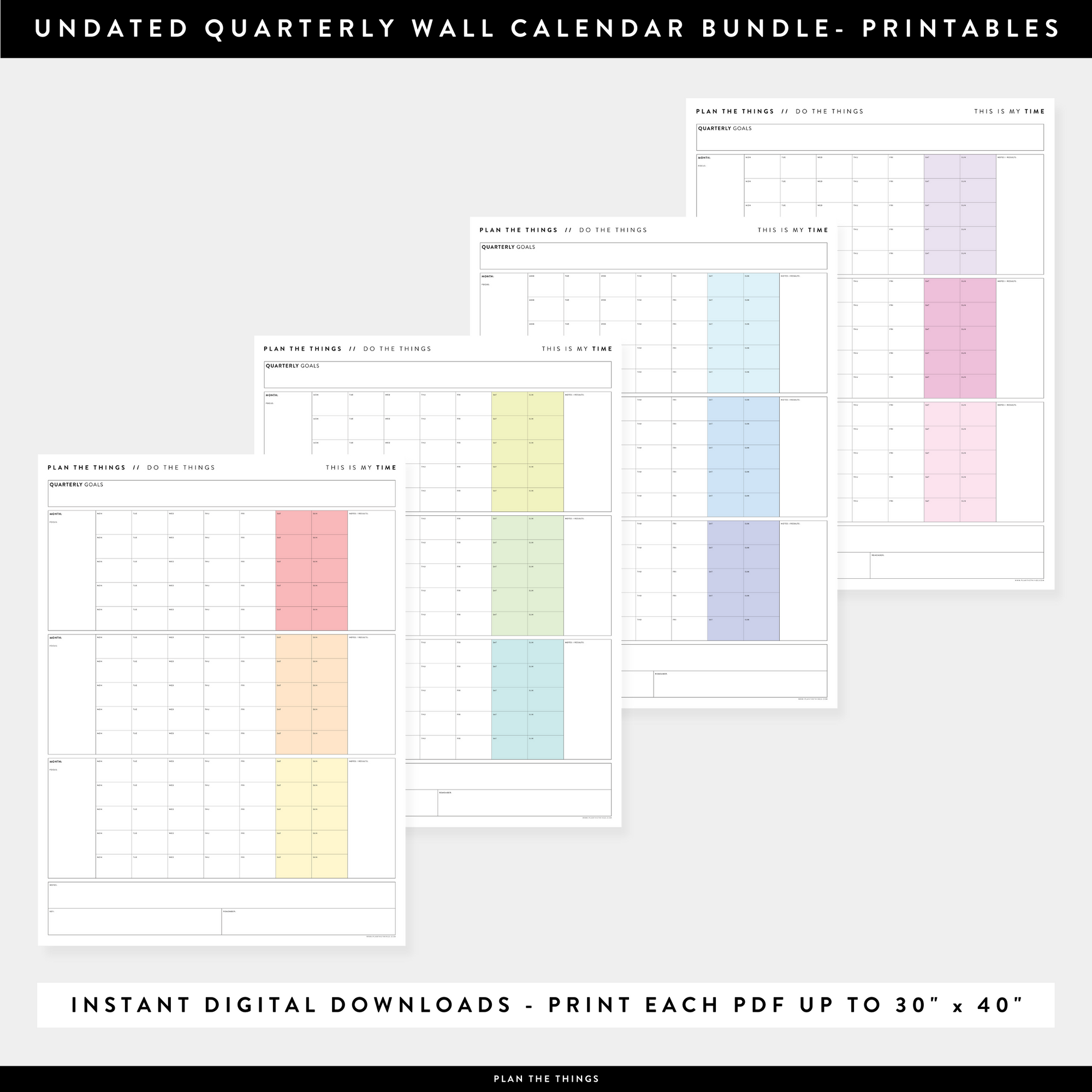 PRINTABLE UNDATED QUARTERLY WALL CALENDAR BUNDLE - MONDAY START - RAINBOW WEEKENDS - INSTANT DOWNLOAD