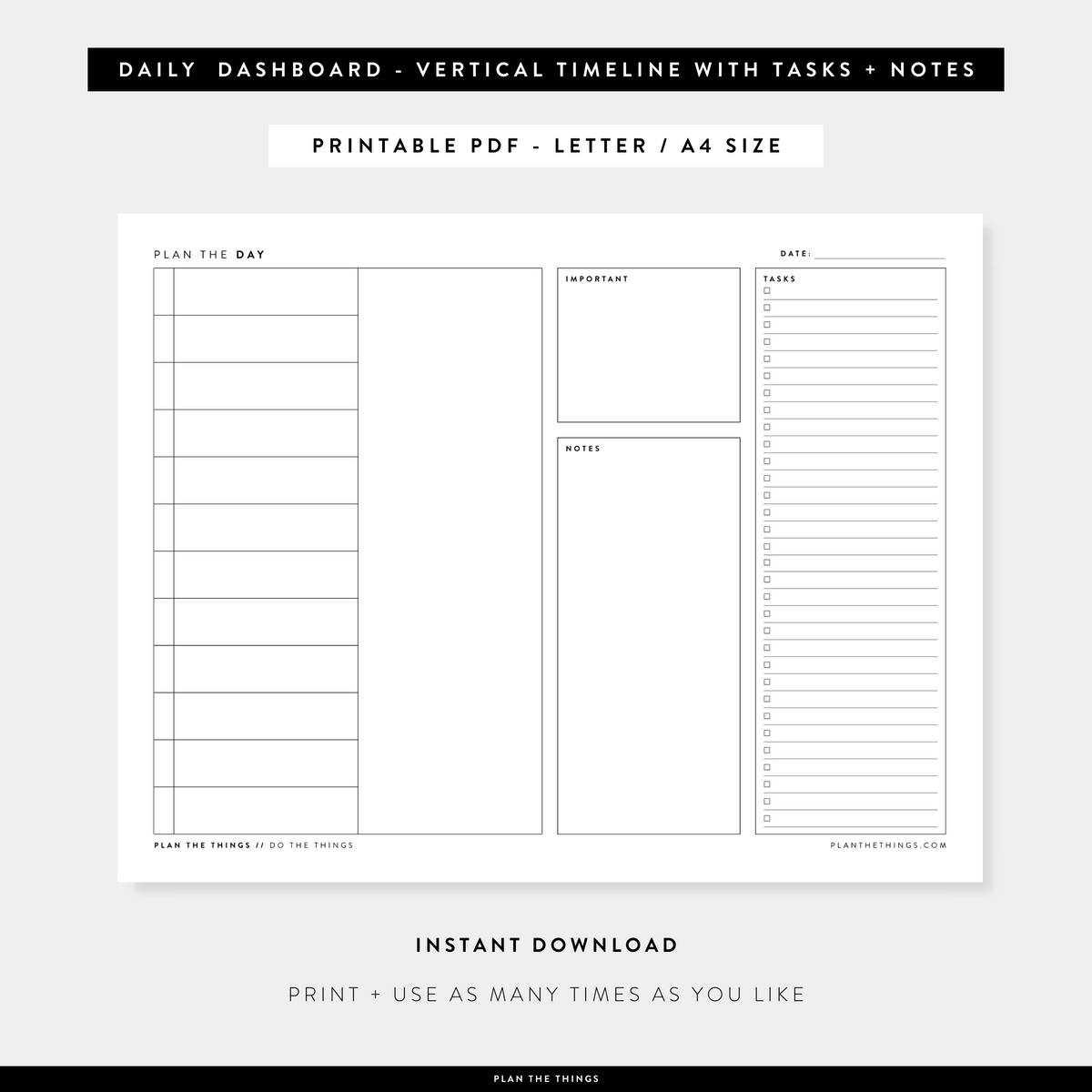 Daily Dashboard with Vertical Timeline - Undated Printable Planner Inserts (A4 + US Letter)