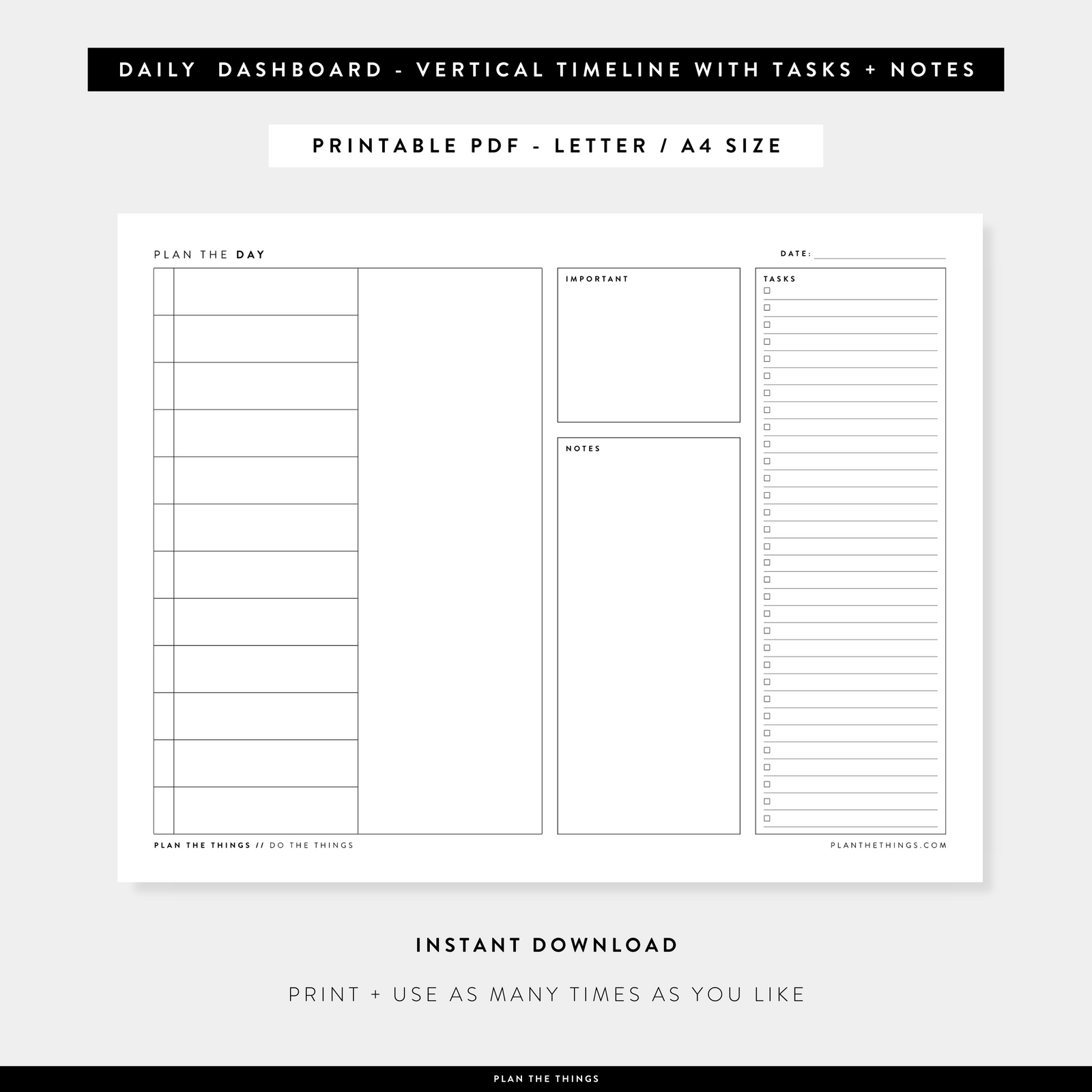 Daily Dashboard with Vertical Timeline - Undated Printable Planner Inserts (A4 + US Letter)