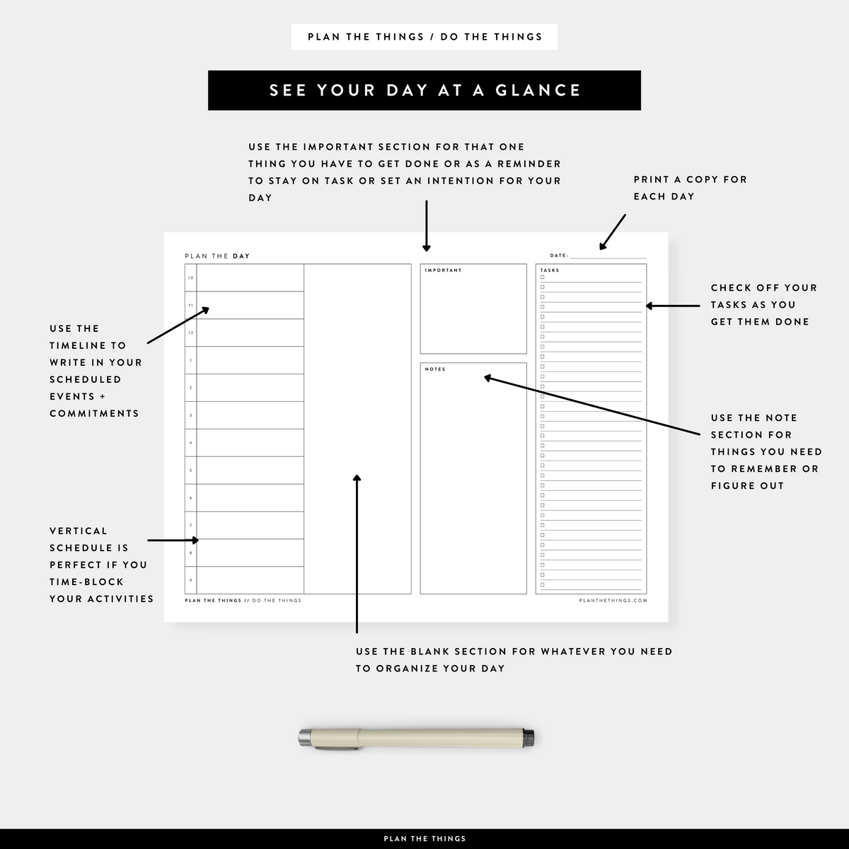 Daily Dashboard with Vertical Timeline - Undated Printable Planner Inserts (A4 + US Letter)