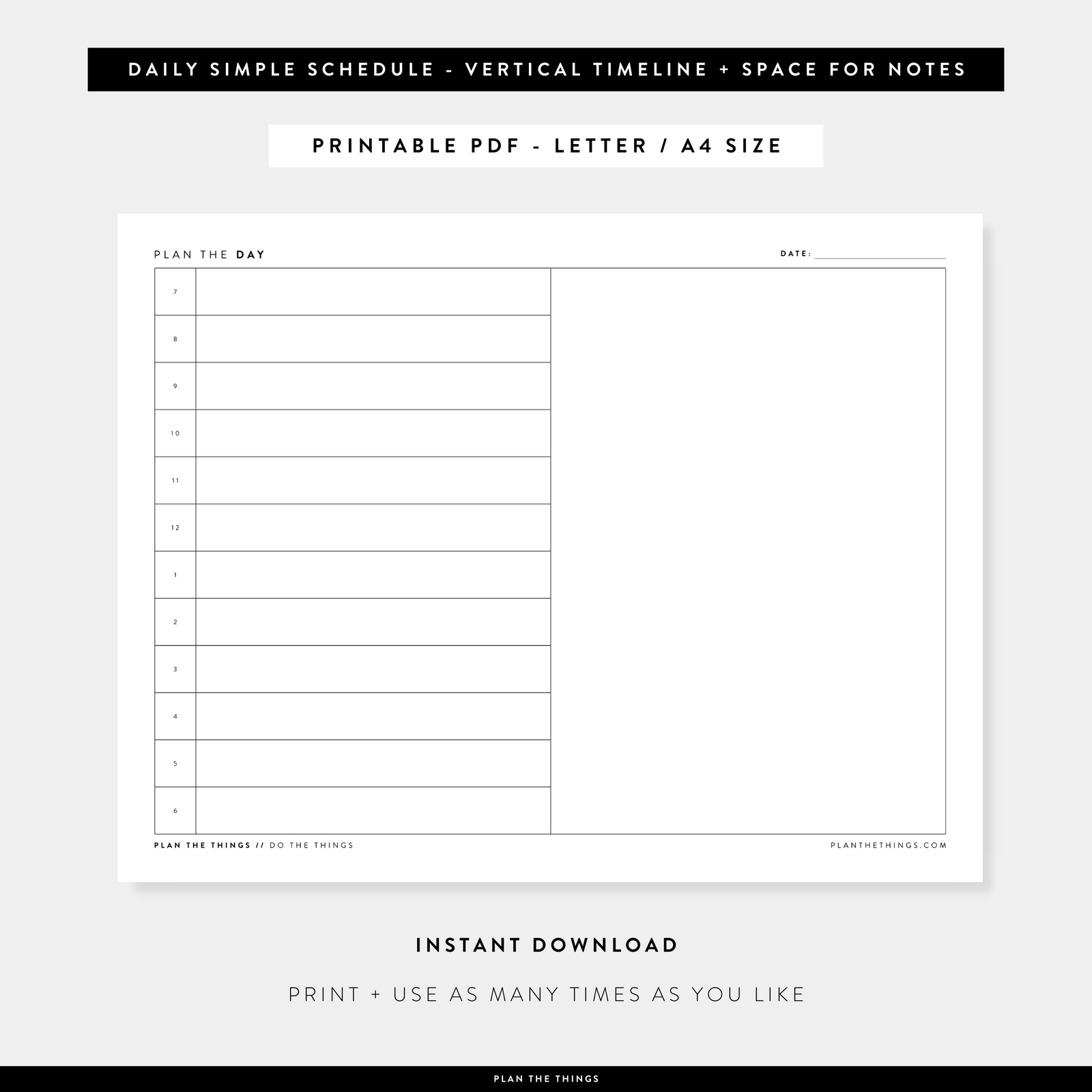 Daily Simple Schedule with Vertical Timeline - Undated Printable Planner Inserts (A4 + US Letter)